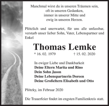 Traueranzeige von Thomas Lemke  von Magdeburger Volksstimme
