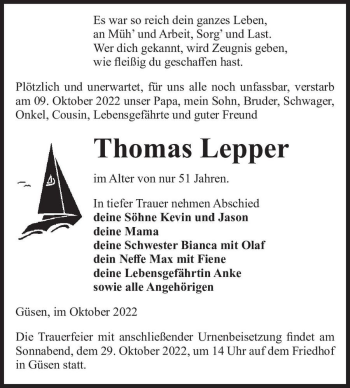 Traueranzeige von Thomas Lepper  von Magdeburger Volksstimme