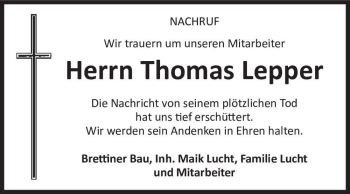 Traueranzeige von Thomas Lepper  von Magdeburger Volksstimme