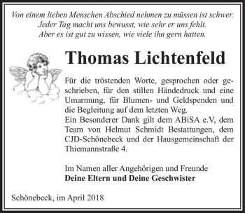 Traueranzeige von Thomas Lichtenfeld  von Magdeburger Volksstimme