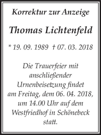 Traueranzeige von Thomas Lichtenfeld  von Magdeburger Volksstimme