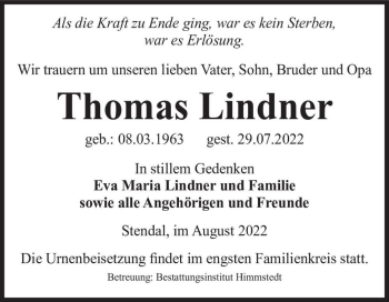 Traueranzeige von Thomas Lindner  von Magdeburger Volksstimme