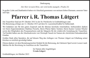 Traueranzeige von Thomas Lütgert  von Magdeburger Volksstimme