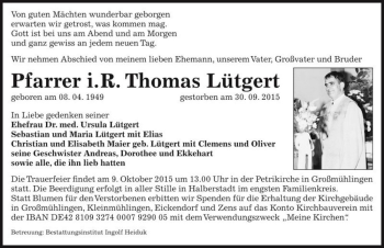 Traueranzeige von Thomas Lütgert  von Magdeburger Volksstimme