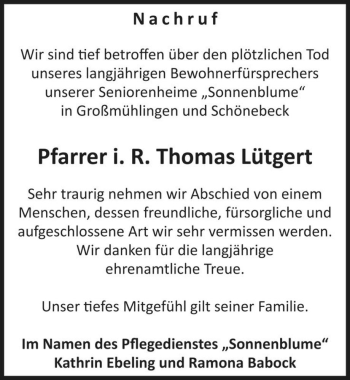 Traueranzeige von Thomas Lütgert  von Magdeburger Volksstimme