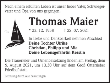 Traueranzeige von Thomas Maier  von Magdeburger Volksstimme