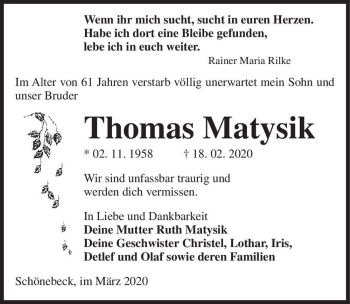 Traueranzeige von Thomas Matysik  von Magdeburger Volksstimme