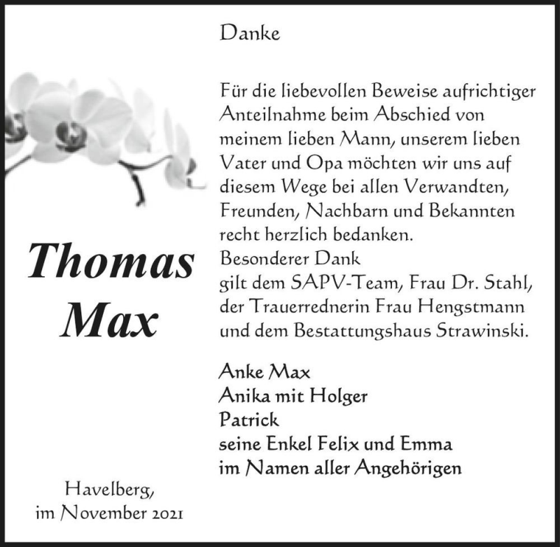 Traueranzeige für Thomas Max  vom 06.11.2021 aus Magdeburger Volksstimme