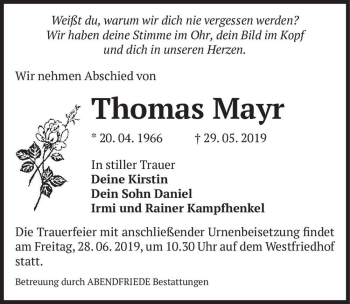 Traueranzeige von Thomas Mayr  von Magdeburger Volksstimme