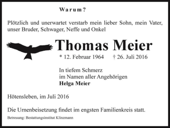 Traueranzeige von Thomas Meier  von Magdeburger Volksstimme