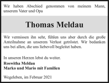 Traueranzeige von Thomas Meldau  von Magdeburger Volksstimme