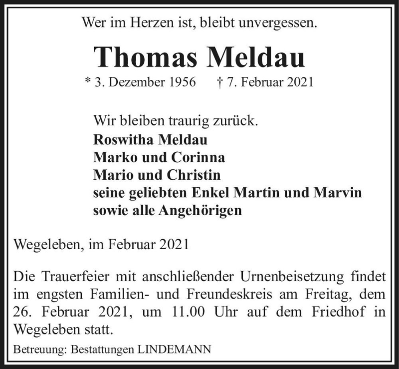 Traueranzeige für Thomas Meldau  vom 13.02.2021 aus Magdeburger Volksstimme