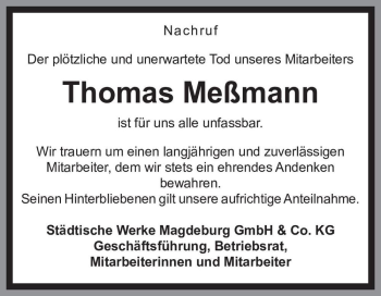 Traueranzeige von Thomas Meßmann  von Magdeburger Volksstimme
