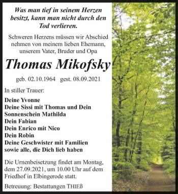 Traueranzeige von Thomas Mikofsky  von Magdeburger Volksstimme
