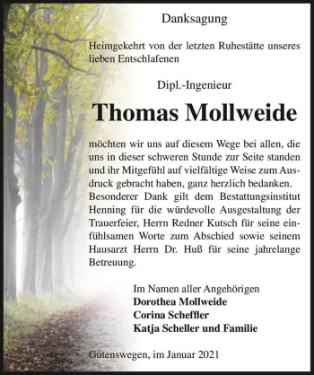 Traueranzeige von Thomas Mollweide  von Magdeburger Volksstimme