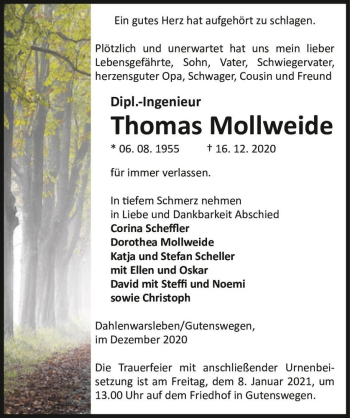 Traueranzeige von Thomas Mollweide  von Magdeburger Volksstimme