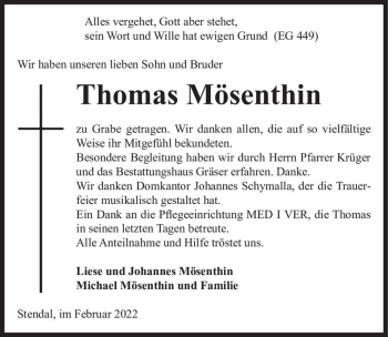 Traueranzeige von Thomas Mösenthin  von Magdeburger Volksstimme