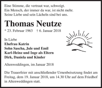 Traueranzeige von Thomas Neutze  von Magdeburger Volksstimme