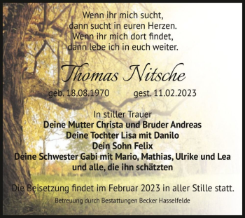 Traueranzeige von Thomas Nitsche  von Magdeburger Volksstimme