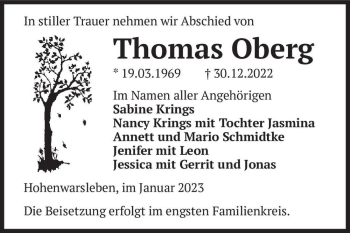 Traueranzeige von Thomas Oberg  von Magdeburger Volksstimme