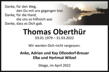 Traueranzeige von Thomas Oberthür  von Magdeburger Volksstimme