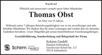 Traueranzeige von Thomas Obst  von Magdeburger Volksstimme