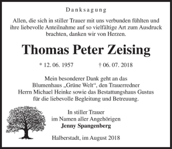Traueranzeige von Thomas Peter Zeising  von Magdeburger Volksstimme