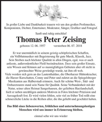 Traueranzeige von Thomas Peter Zeising  von Magdeburger Volksstimme