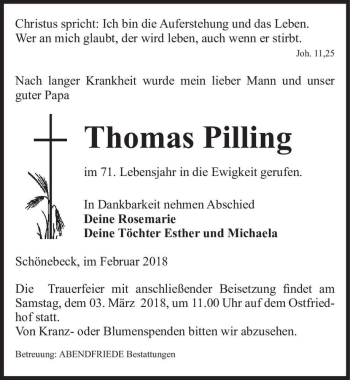 Traueranzeige von Thomas Pilling  von Magdeburger Volksstimme