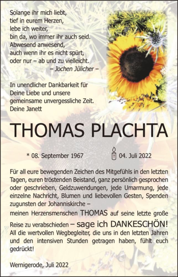 Traueranzeige von Thomas Plachta  von Magdeburger Volksstimme