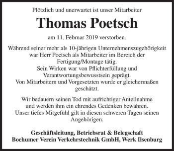 Traueranzeige von Thomas Poetsch  von Magdeburger Volksstimme