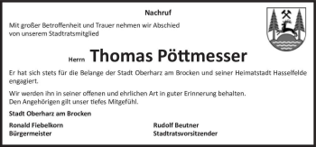 Traueranzeige von Thomas Pöttmesser  von Magdeburger Volksstimme