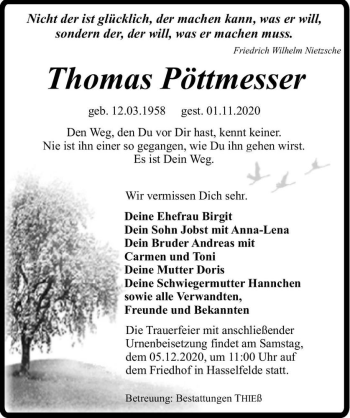 Traueranzeige von Thomas Pöttmesser  von Magdeburger Volksstimme