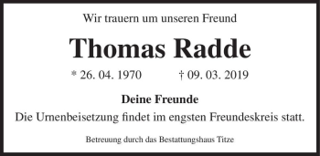 Traueranzeige von Thomas Radde  von Magdeburger Volksstimme
