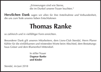 Traueranzeige von Thomas Ranke  von Magdeburger Volksstimme
