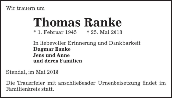Traueranzeige von Thomas Ranke  von Magdeburger Volksstimme