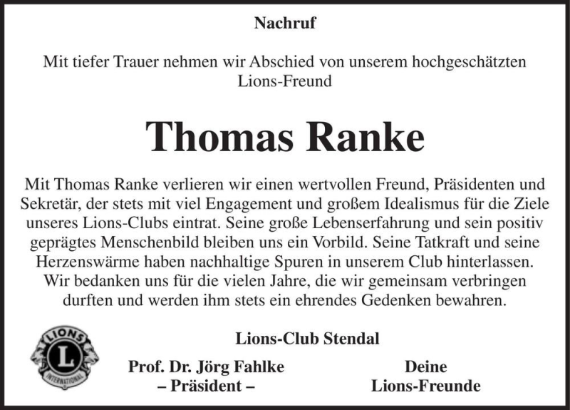  Traueranzeige für Thomas Ranke  vom 02.06.2018 aus Magdeburger Volksstimme
