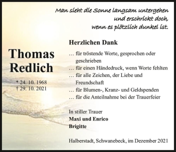 Traueranzeige von Thomas Redlich  von Magdeburger Volksstimme