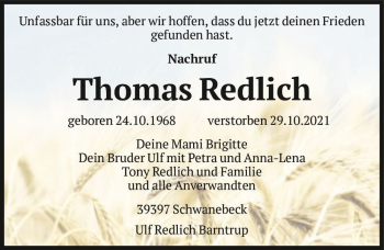 Traueranzeige von Thomas Redlich  von Magdeburger Volksstimme