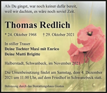 Traueranzeige von Thomas Redlich  von Magdeburger Volksstimme