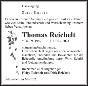 Traueranzeige von Thomas Reichelt  von Magdeburger Volksstimme