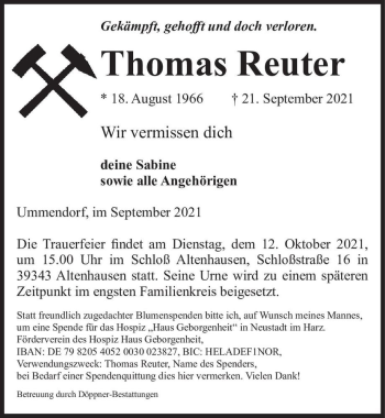 Traueranzeige von Thomas Reuter  von Magdeburger Volksstimme