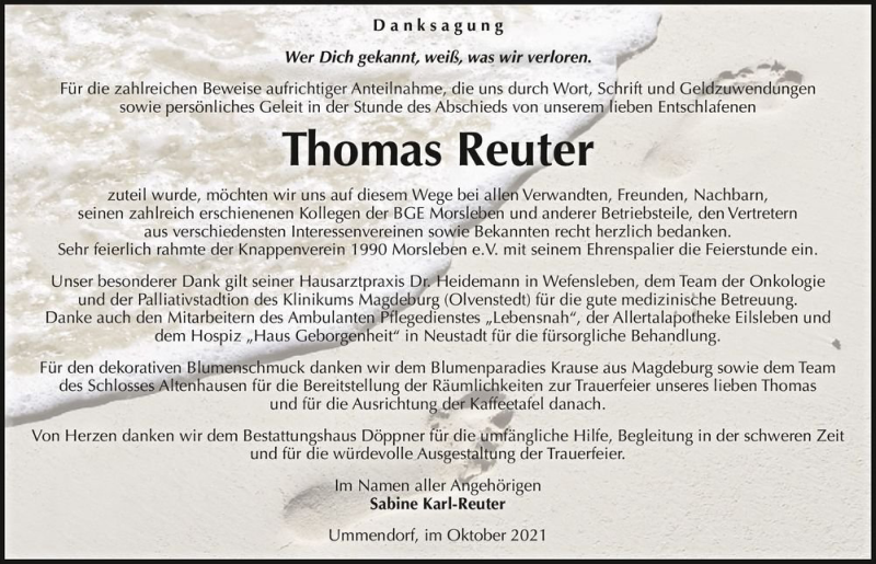  Traueranzeige für Thomas Reuter  vom 23.10.2021 aus Magdeburger Volksstimme
