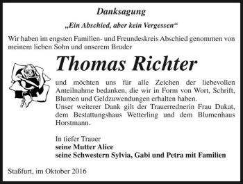 Traueranzeige von Thomas Richter  von Magdeburger Volksstimme