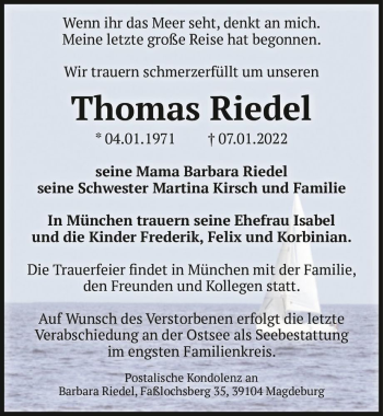 Traueranzeige von Thomas Riedel  von Magdeburger Volksstimme
