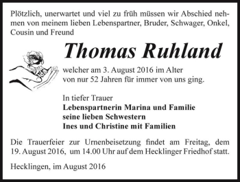 Traueranzeige von Thomas Ruhland  von Magdeburger Volksstimme