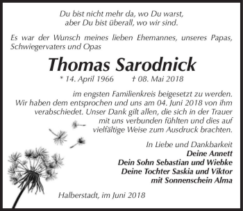 Traueranzeige von Thomas Sarodnick  von Magdeburger Volksstimme
