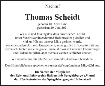 Traueranzeige von Thomas Scheidt  von Magdeburger Volksstimme
