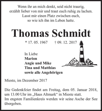 Traueranzeige von Thomas Schmdit  von Magdeburger Volksstimme