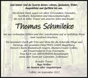 Traueranzeige von Thomas Schmileke  von Magdeburger Volksstimme